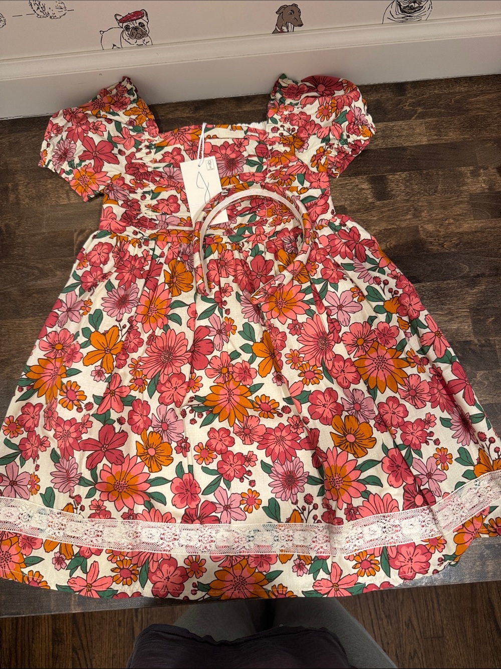 NWT Joie Floral Puff-Sleeve Dress in Pink, Orange & Green. Matching headband.